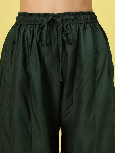 Women Solid Bottle Green Flared Rayon Sharara with Elasticated Waistband and Drawstring.