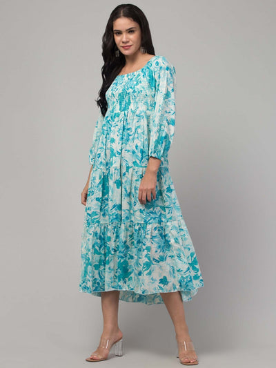 Women Sea Green Printed Fit & Flare Dress in Viscose Rayon, ideal for casual and semi-formal occasions.