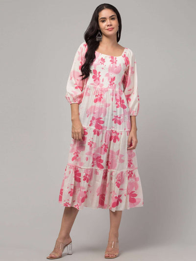 Women Pink Printed Fit & Flare Dress made from Viscose Rayon fabric, ideal for casual and semi-formal occasions.