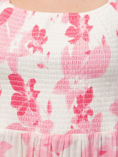 Women pink printed fit and flare dress with floral pattern.
