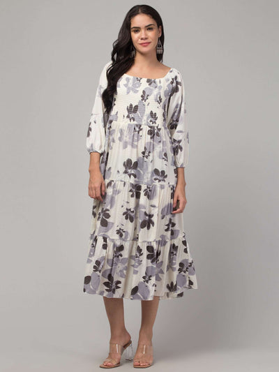 Women Black Printed Fit & Flare Dress in Viscose Rayon fabric, ideal for casual and semi-formal occasions.