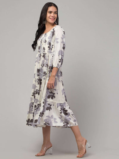 Women black printed fit & flare dress made from viscose rayon fabric.