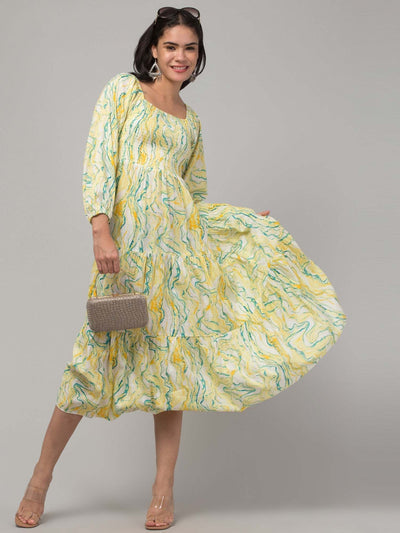 Women Yellow Printed Fit & Flare Dress in Viscose Rayon fabric.