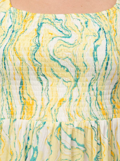 Women yellow printed fit & flare dress with artistic design on viscose rayon fabric.