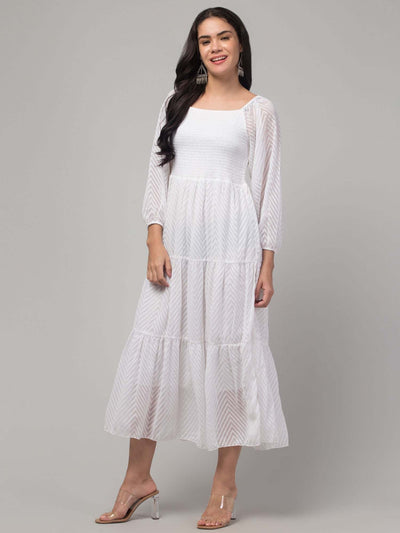 Women white printed fit & flare dress in Georgette fabric.