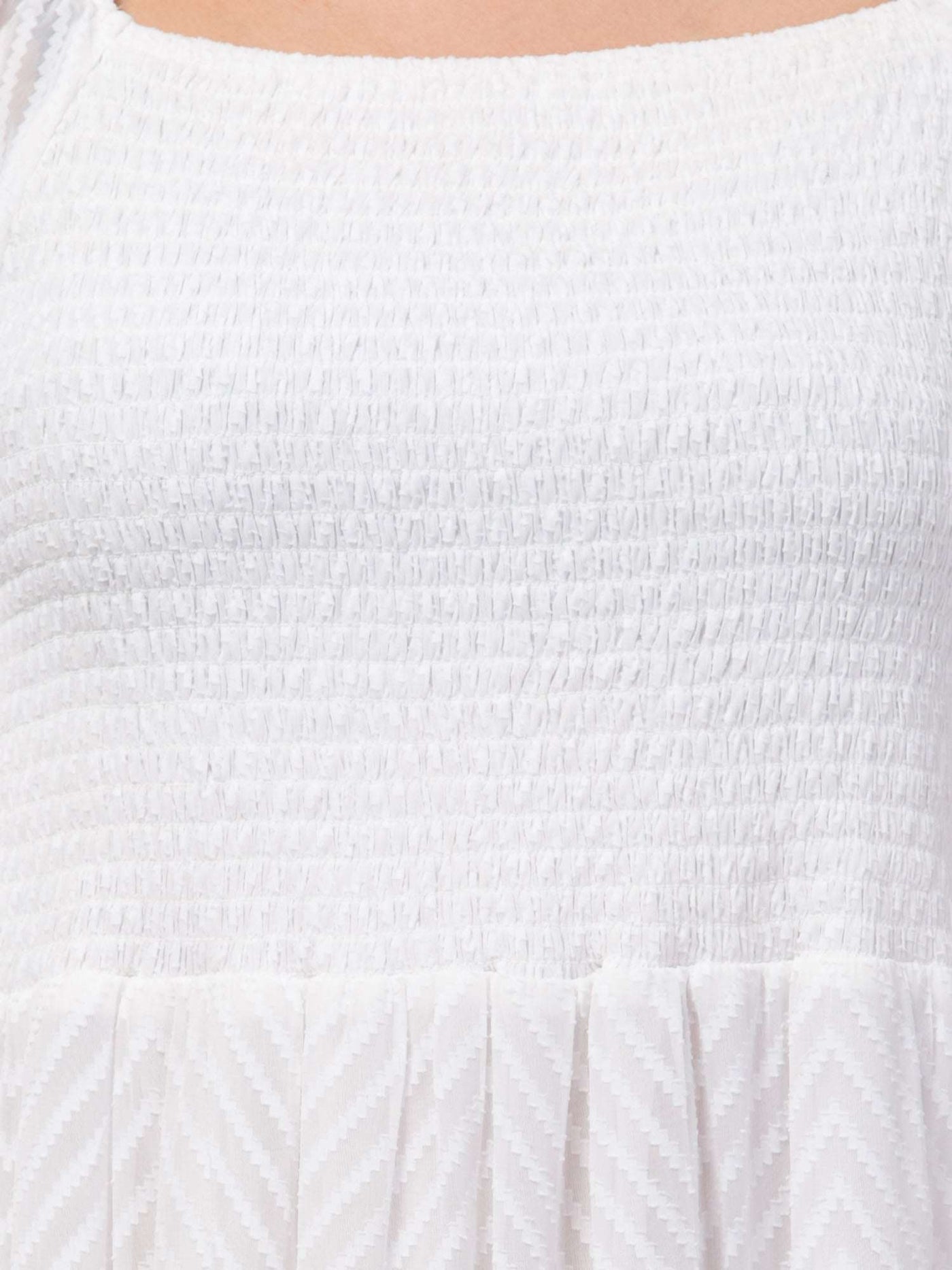 Women white printed fit & flare dress made of Georgette fabric.