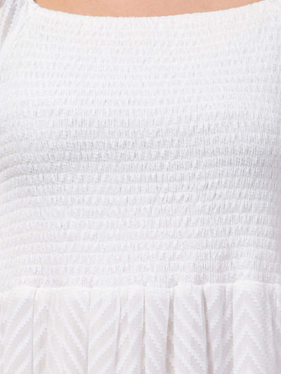 Women white printed fit & flare dress made of Georgette fabric.