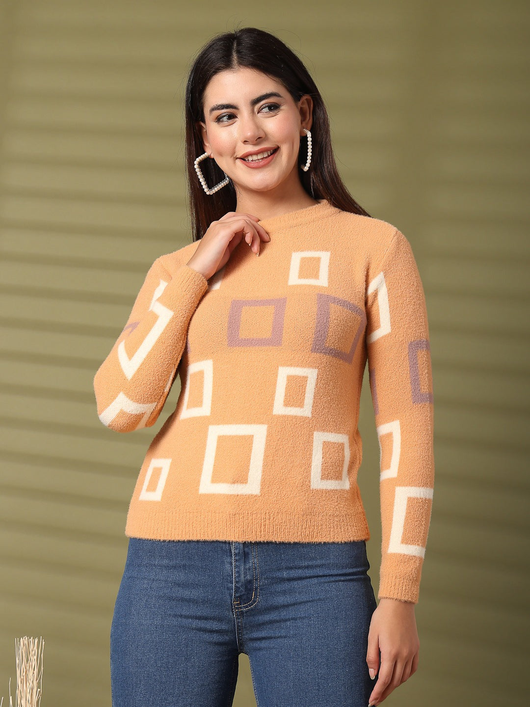 Dark Fawn Woolen Regular Top with geometric pattern, long sleeves, and a cozy fit.