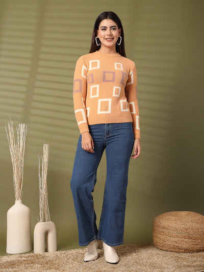 Dark Fawn Woolen Regular Top with full sleeves and geometric pattern, paired with jeans for a cozy and stylish winter look.