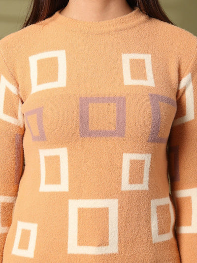Dark Fawn Woolen Regular Top with geometric patterns, full sleeves for warmth and style.