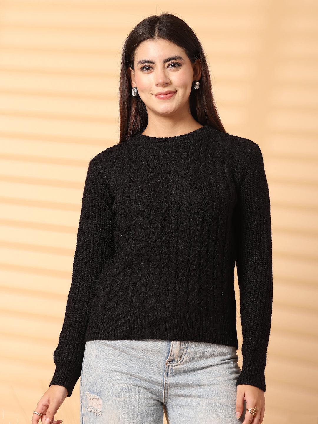 Black self-design woolen top from Clora Creation, full sleeves, perfect for layering.