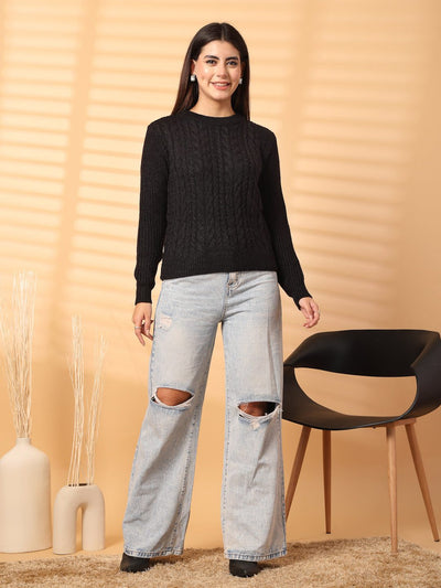 Black self-design woolen top with full sleeves, paired with ripped jeans.