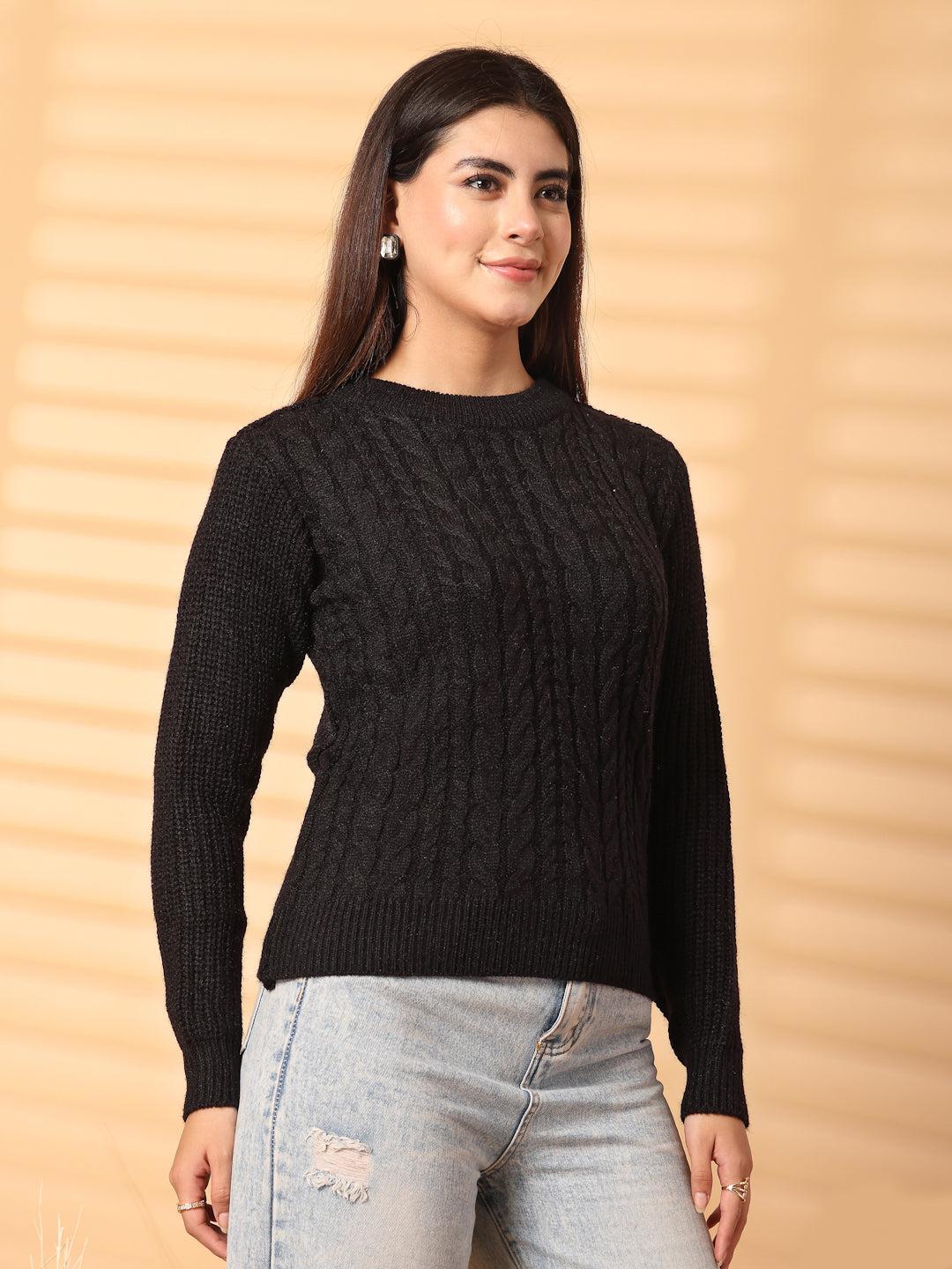 Black self-design woolen top with full sleeves, perfect for winter comfort and style.