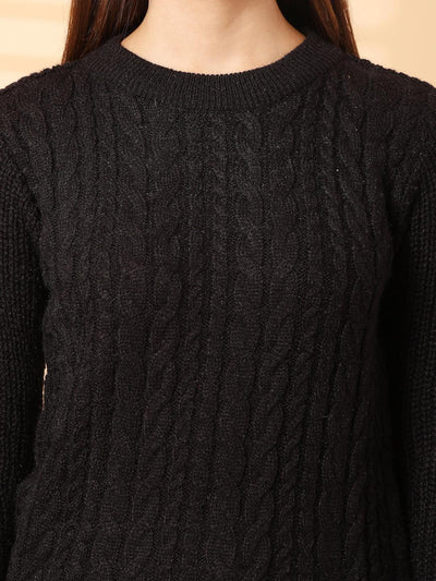 Black self-design woolen top with full sleeves, crafted from premium-quality wool for warmth and style.