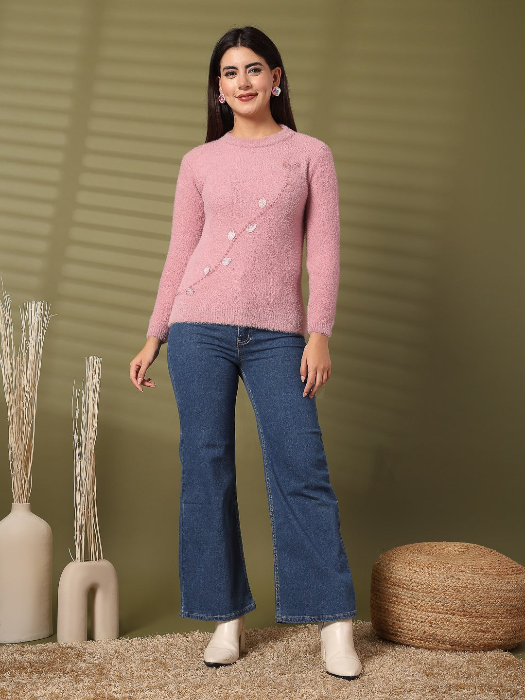 Pink Embellished Woolen Regular Top for Stylish Winter Look