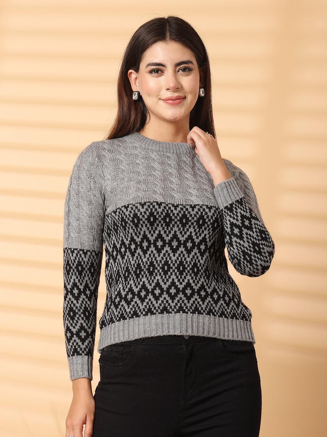 Grey self-design woolen regular top with full sleeves, perfect for warmth and stylish layering.