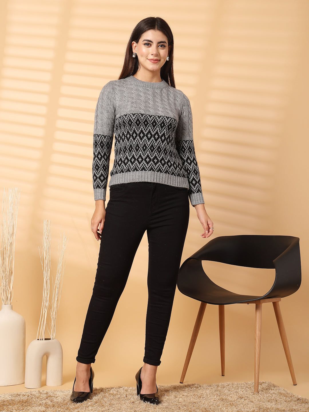 Grey self-design woolen regular top with full sleeves for women.