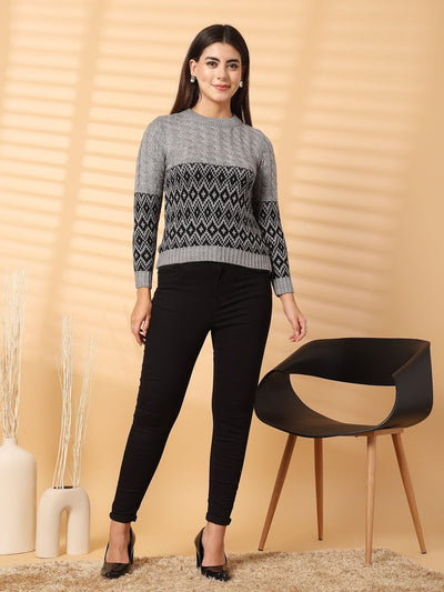 Grey self-design woolen regular top with full sleeves for women.