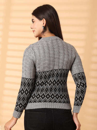 Grey self-design woolen regular top with full sleeves and intricate pattern.