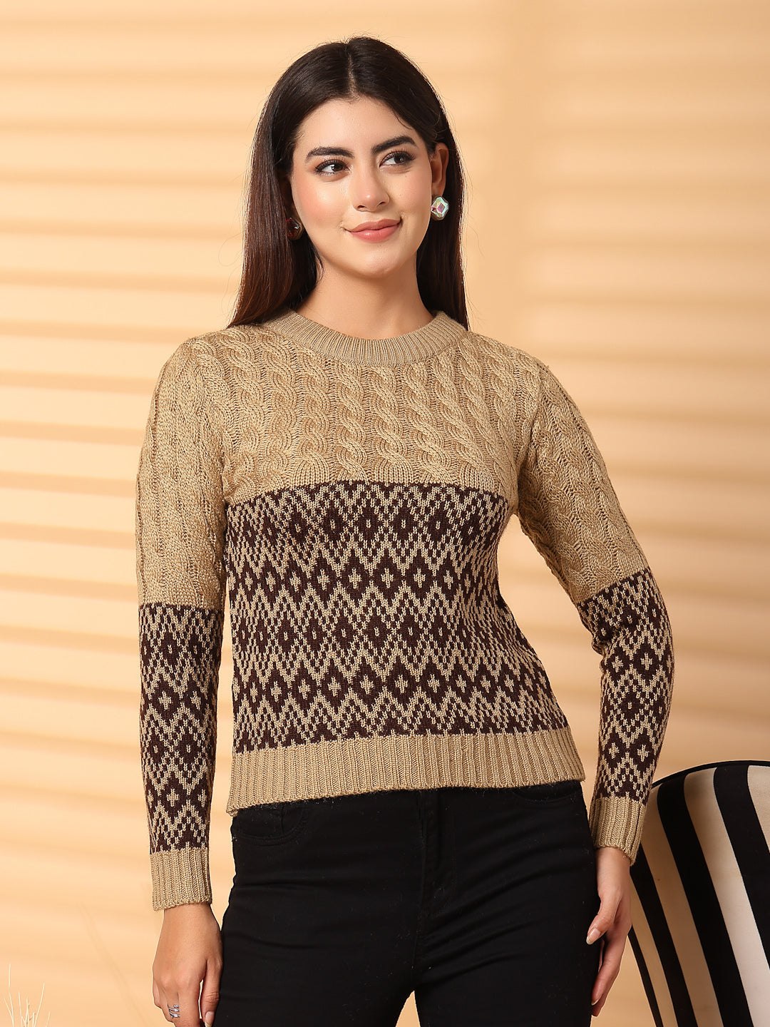 Fawn self-design woolen regular top with full sleeves, ideal for layering, worn by a model.