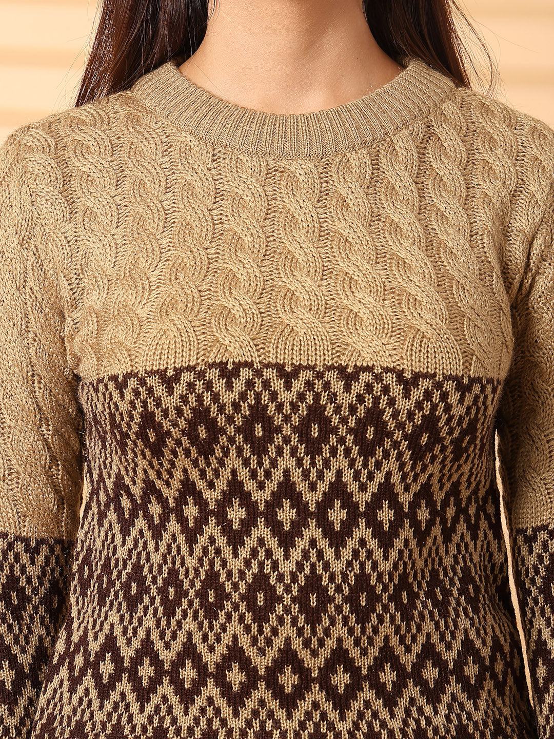 Fawn self-design woolen regular top with full sleeves.