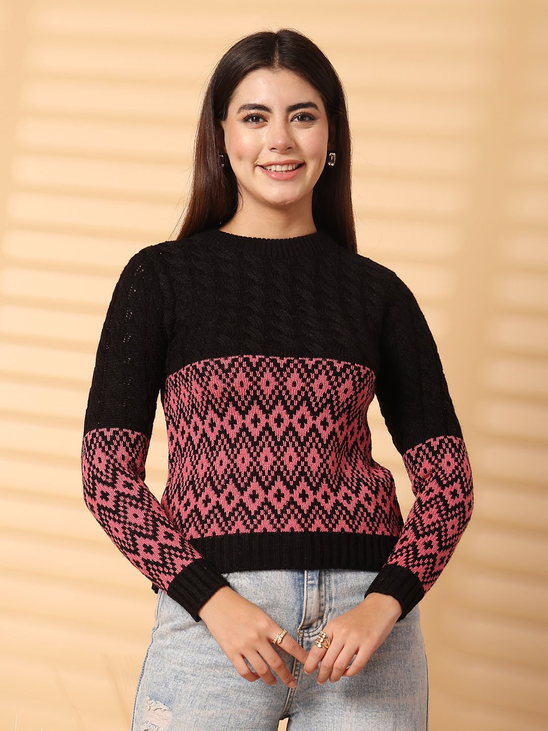 Black self design woolen regular top with full sleeves by Clora Creation.