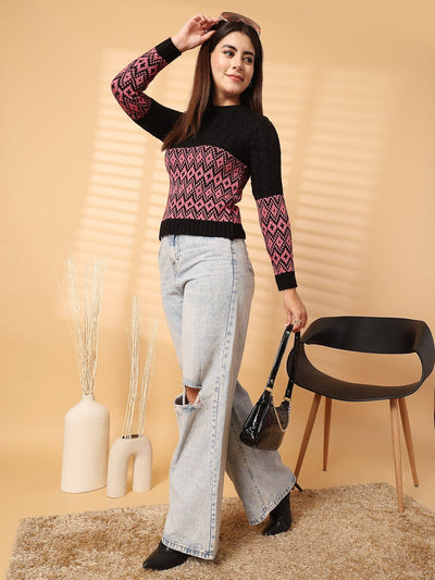 Black self design woolen regular top with full sleeves, paired with light denim jeans.