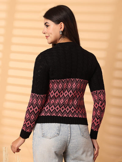 Black self-design woolen top with full sleeves, ideal for warmth and style.