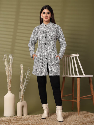 Black woolen knitted cardigan with full sleeves and open-front design.