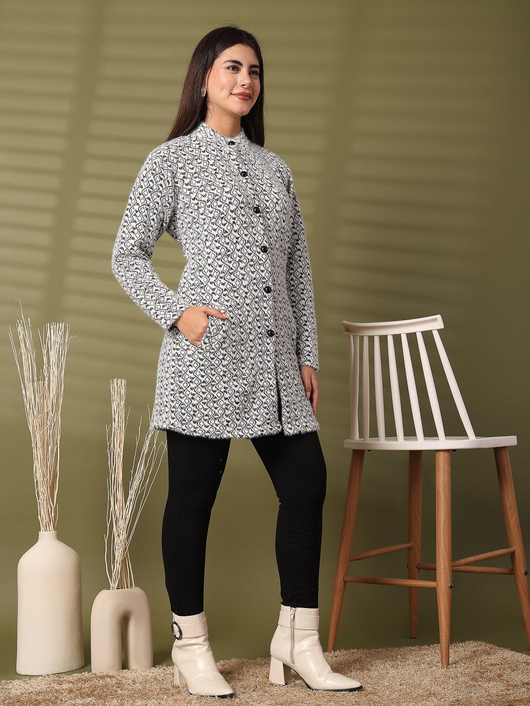 Black Woolen Knitted Cardigan with full sleeves and open-front design.
