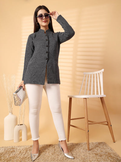 Black woolen knitted cardigan with full sleeves and open-front design.