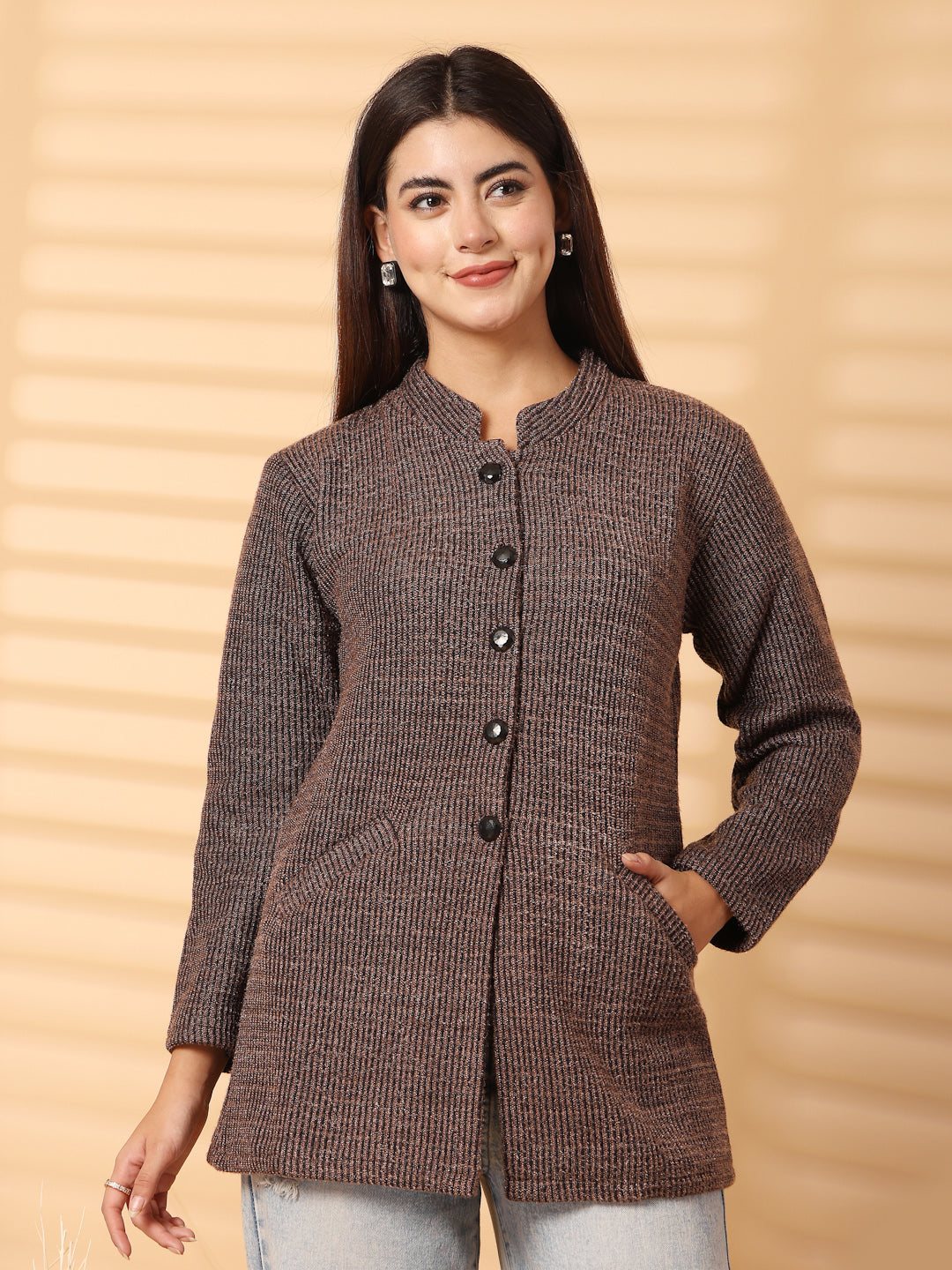 Brown woolen knitted cardigan with full sleeves and open-front design.
