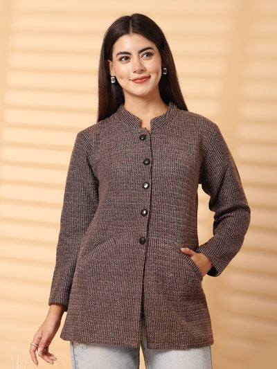 Brown woolen knitted cardigan with full sleeves and open-front design.