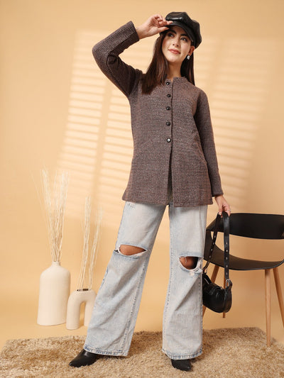 Brown woolen knitted cardigan with full sleeves and open-front design.