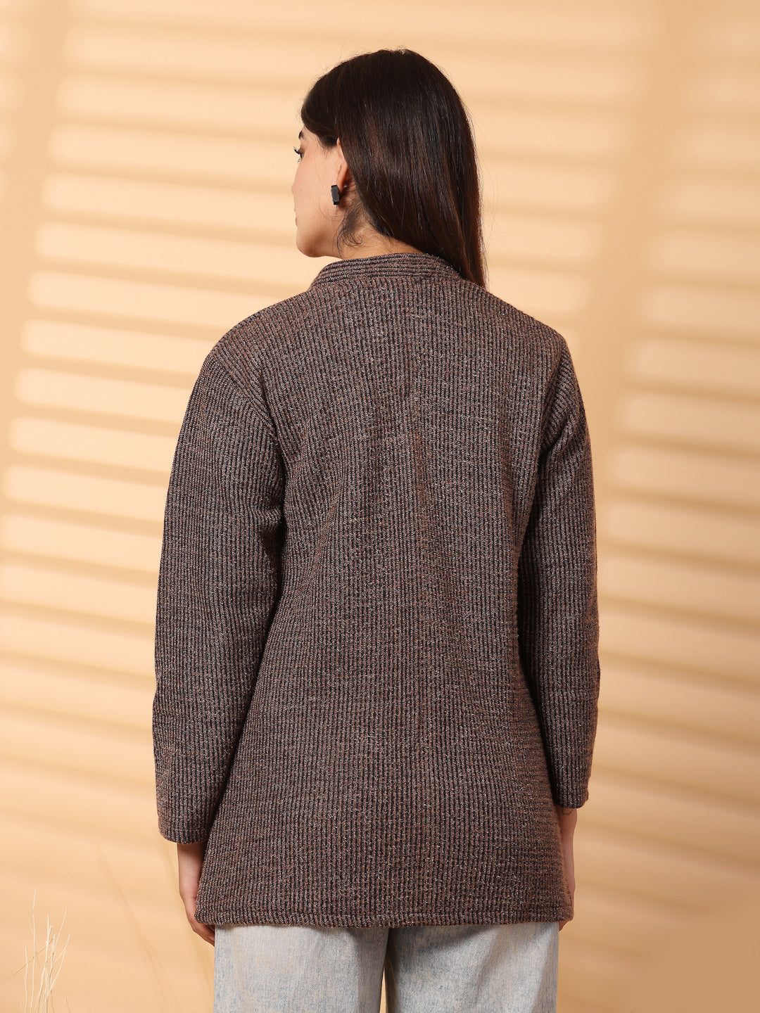 Brown woolen knitted cardigan with full sleeves and open-front design, perfect for stylish layering.