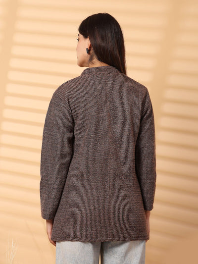 Brown woolen knitted cardigan with full sleeves and open-front design, perfect for stylish layering.