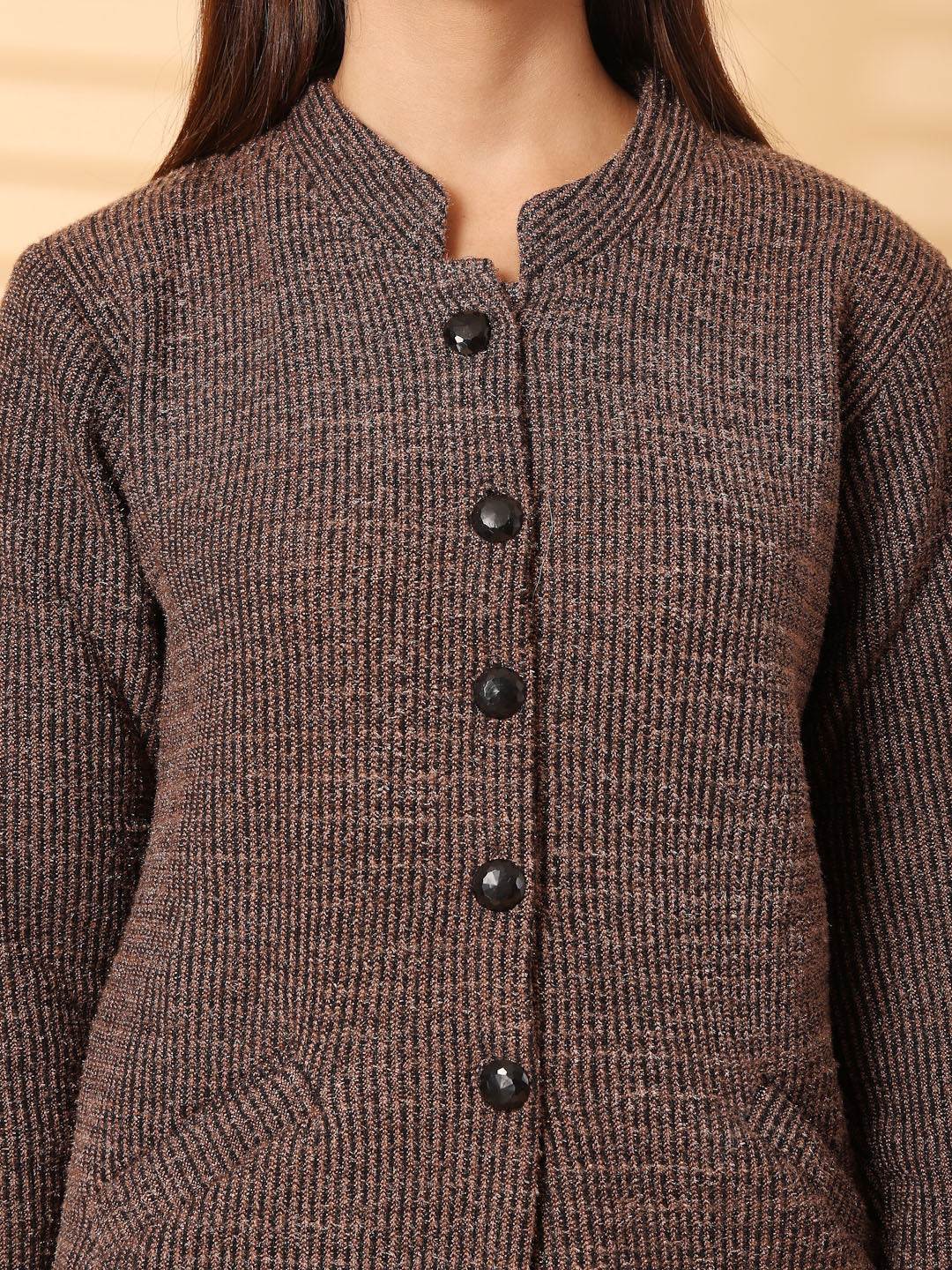 Brown woolen knitted cardigan with buttons and full sleeves.