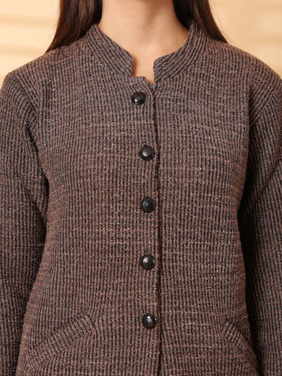 Brown woolen knitted cardigan with buttons and full sleeves.