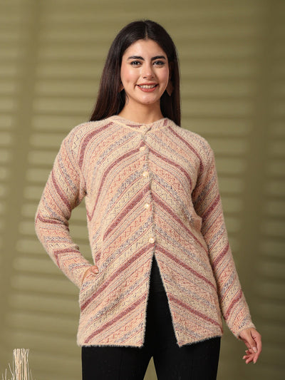 Fawn woolen knitted cardigan with full sleeves and open-front design, worn by a model.