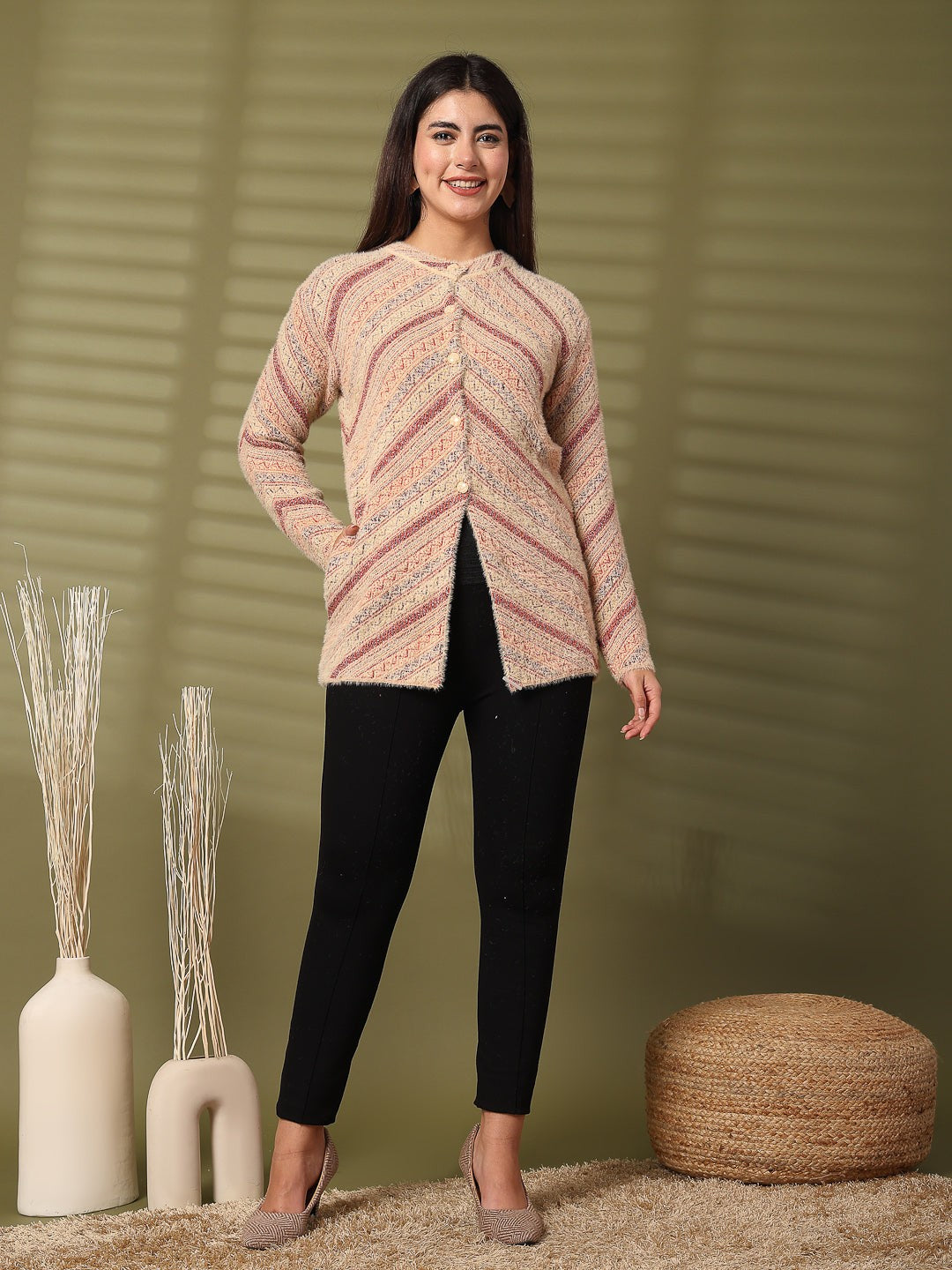 Fawn woolen knitted cardigan with full sleeves and open-front design.