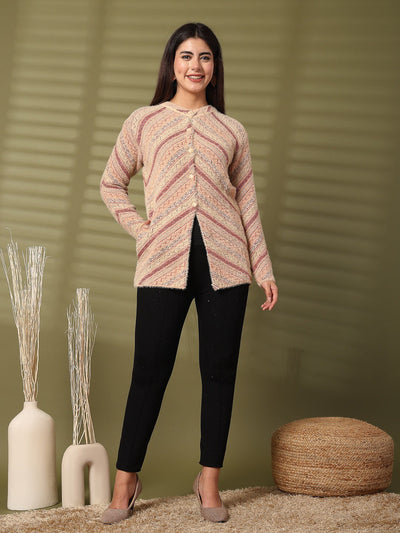 Fawn woolen knitted cardigan with full sleeves and open-front design.