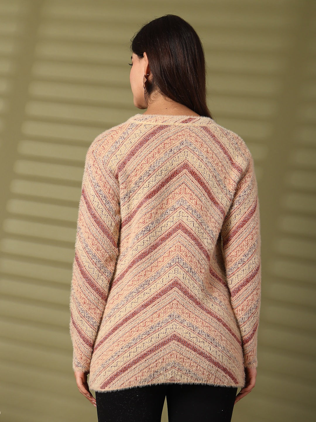 Fawn woolen knitted cardigan with full sleeves and open-front design.