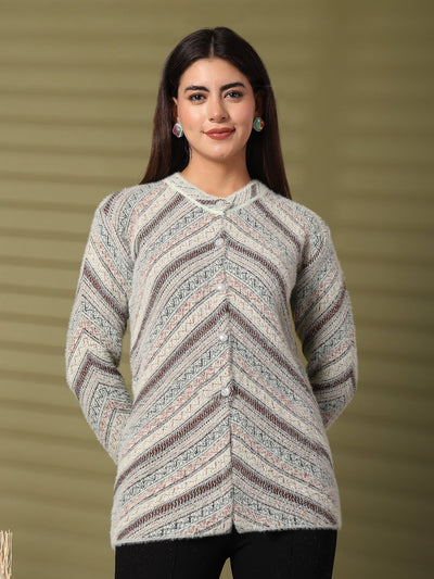 Cream woolen knitted cardigan with full sleeves and open-front design.