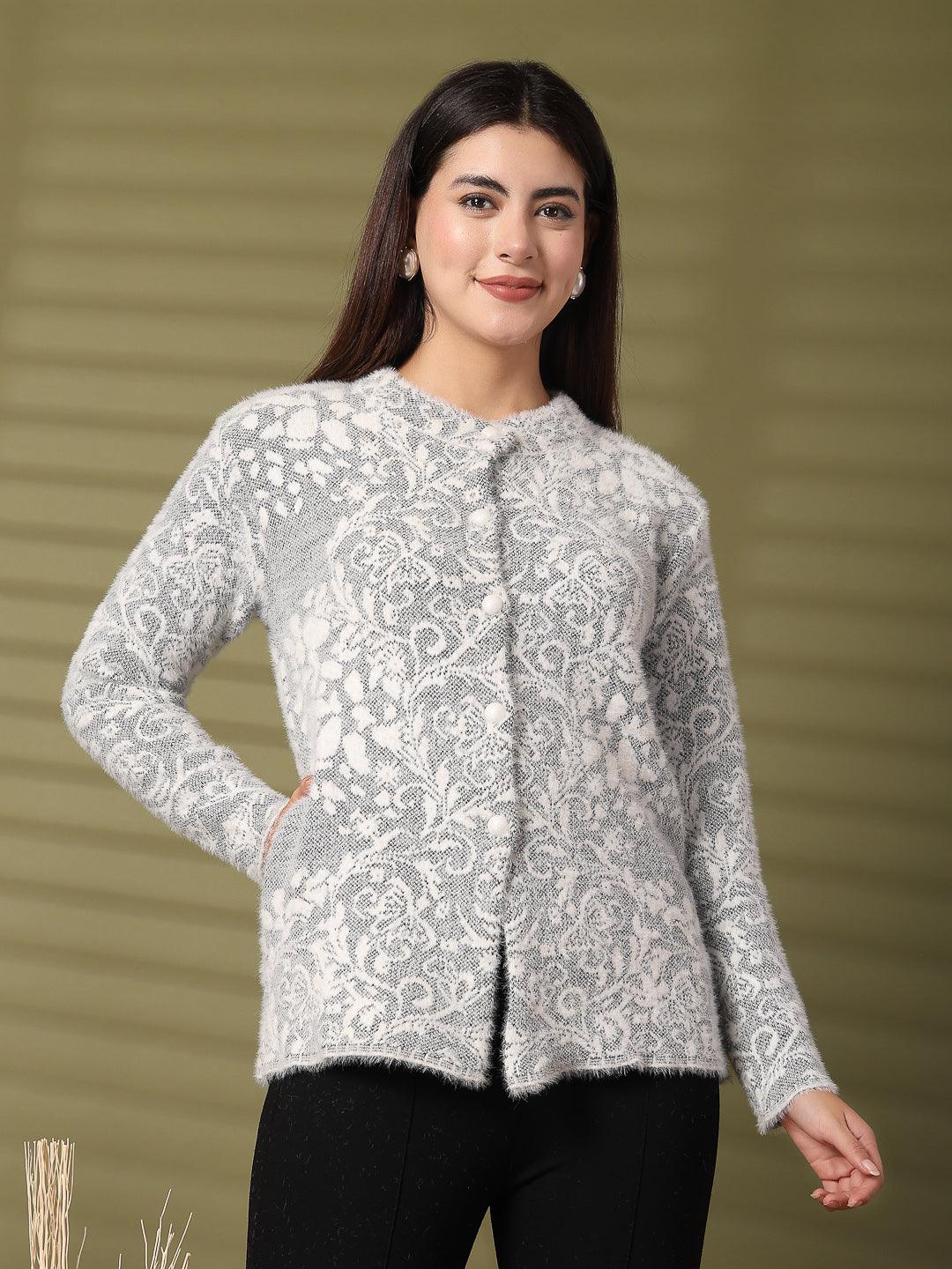 Grey woolen knitted cardigan with full sleeves and open-front design, perfect for adding warmth and style.