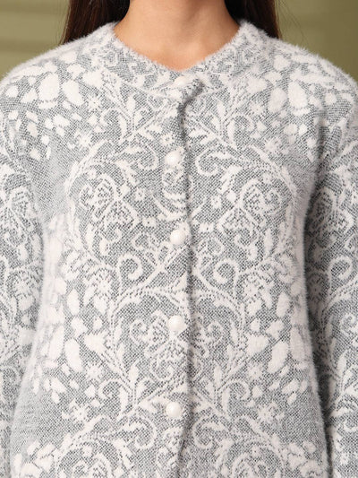 Grey woolen knitted cardigan with button details and floral pattern.
