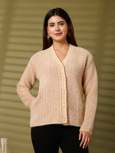 Fawn woolen knitted cardigan with full sleeves, open-front design, and soft texture.