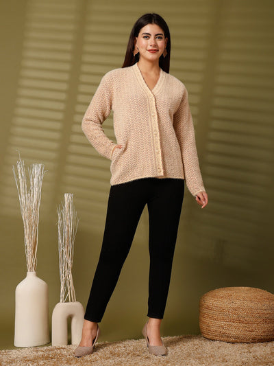 Fawn woolen knitted cardigan with full sleeves and open-front design.