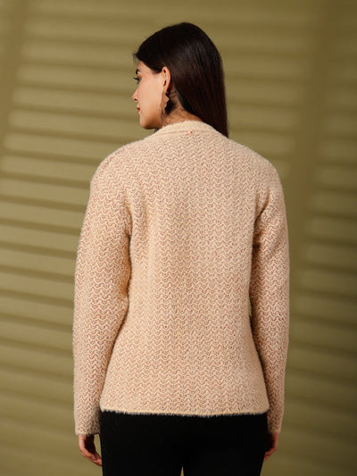 Fawn woolen knitted cardigan with full sleeves and open-front design.