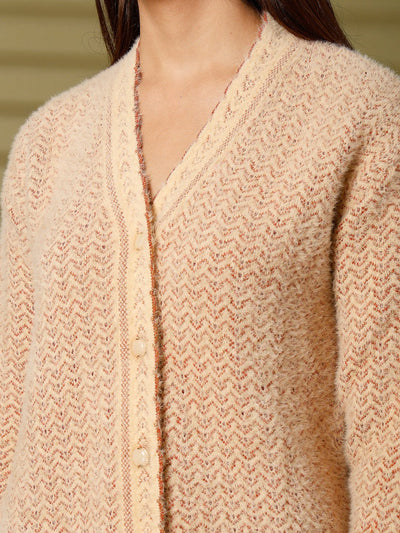 Fawn woolen knitted cardigan with full sleeves and open-front design.