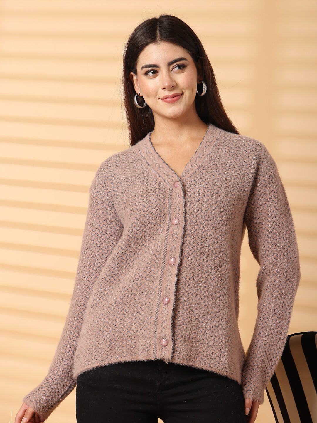 Light brown woolen knitted cardigan with full sleeves and open-front design.